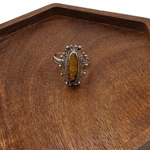 Tigers Eye 925 Sterling Silver Vintage Ring Dainty Oval Shape Filigree Size 7.5